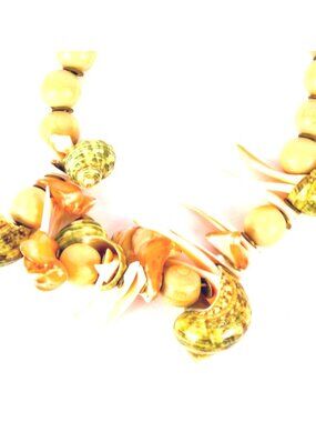Wood Beads & Shell Necklace. 16" Long , 5/8" Beads 1.5" Large Shells Spring Ring